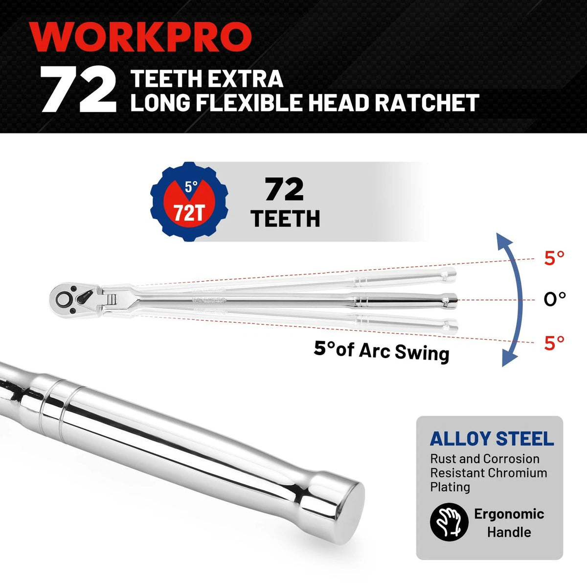 1/4 inch Drive Extra Long Flex Head Ratchet for Automotive