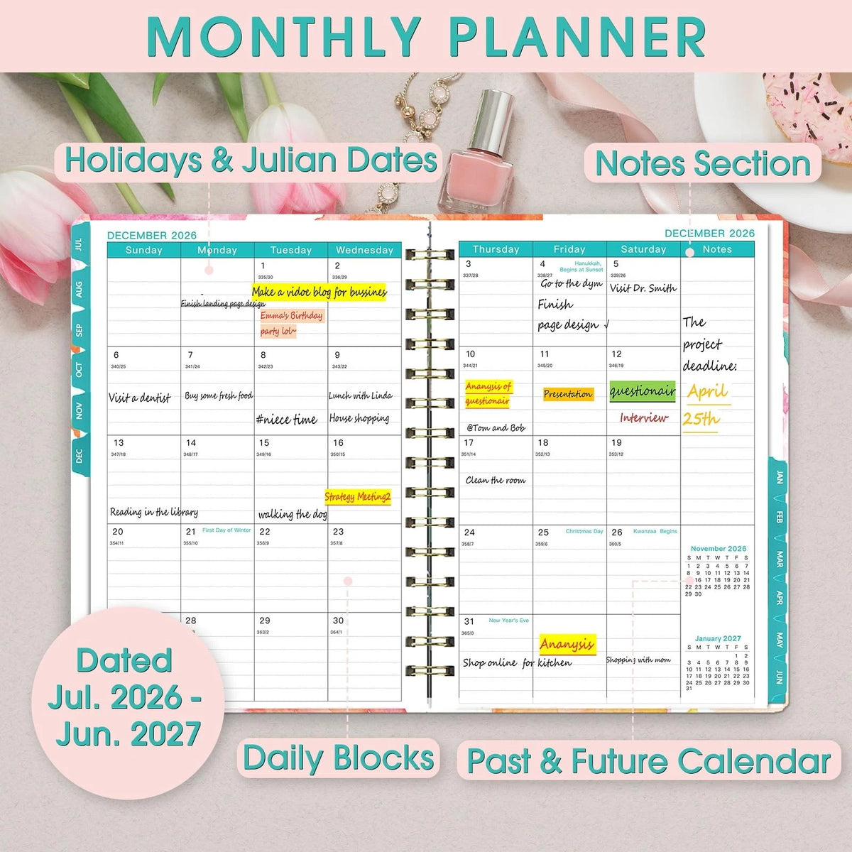 Weekly and Monthly Calendar Planner for 2026-2027