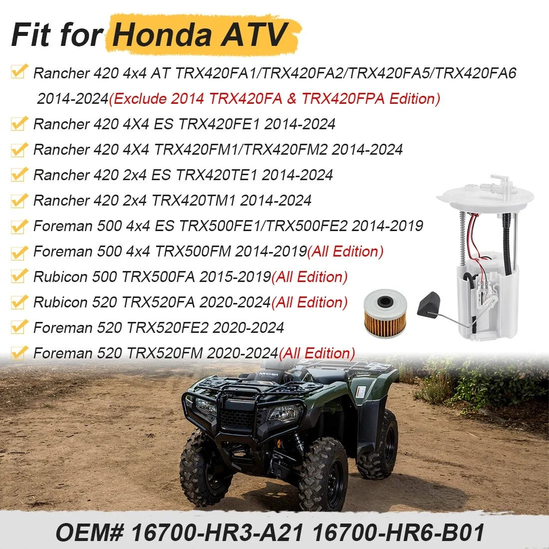 Fuel Pump & Oil Filter for Honda TRX420 (2014–2021), TRX500 (2014–2019), TRX520 (2020–2021)
