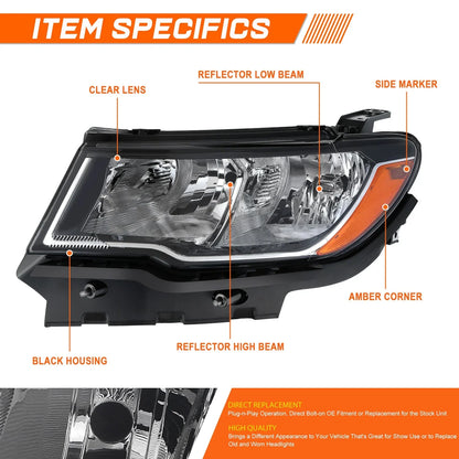 Driver Left Side Headlight Lamp for Jeep Compass (2017–2021) - Black Amber
