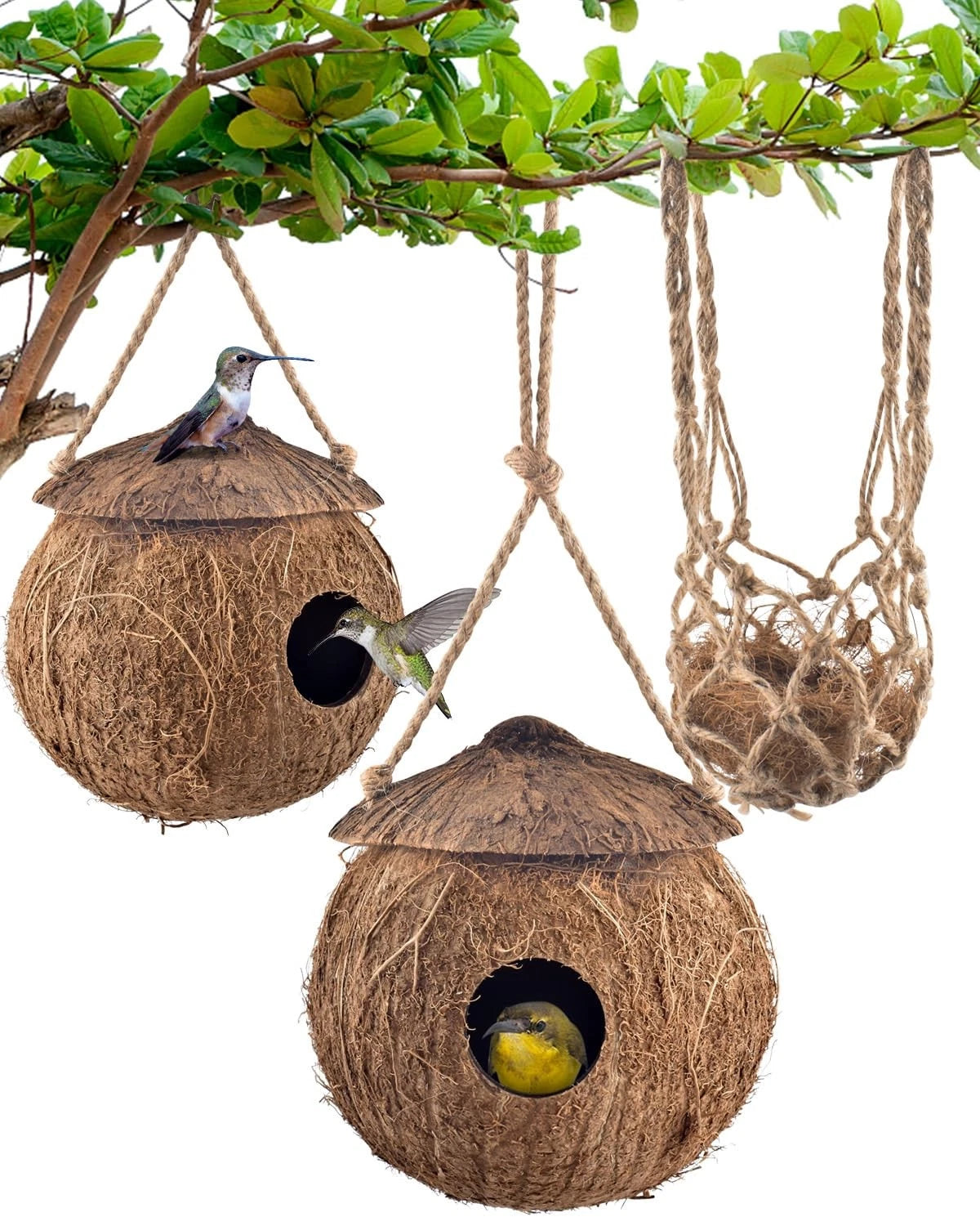 3X Natural Coconut Bird Houses for Outside Hanging