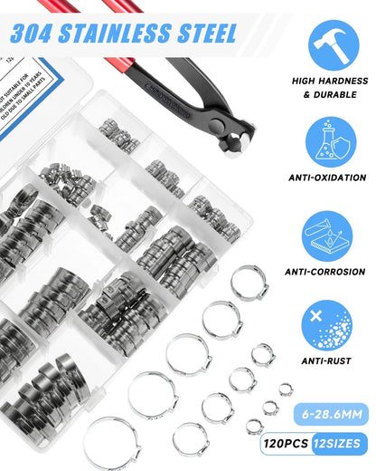 120PCS Hose Clamp Kit for Various Applications (304 Stainless Steel)