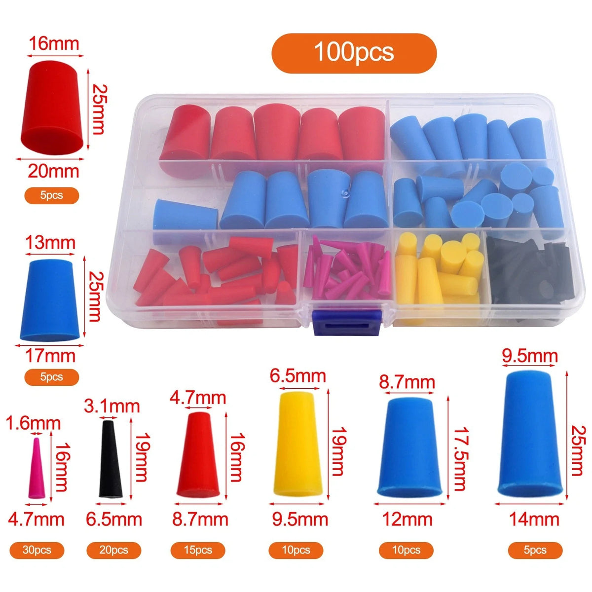 Set of 100 Silicone Rubber Cones for Automotive Maintenance