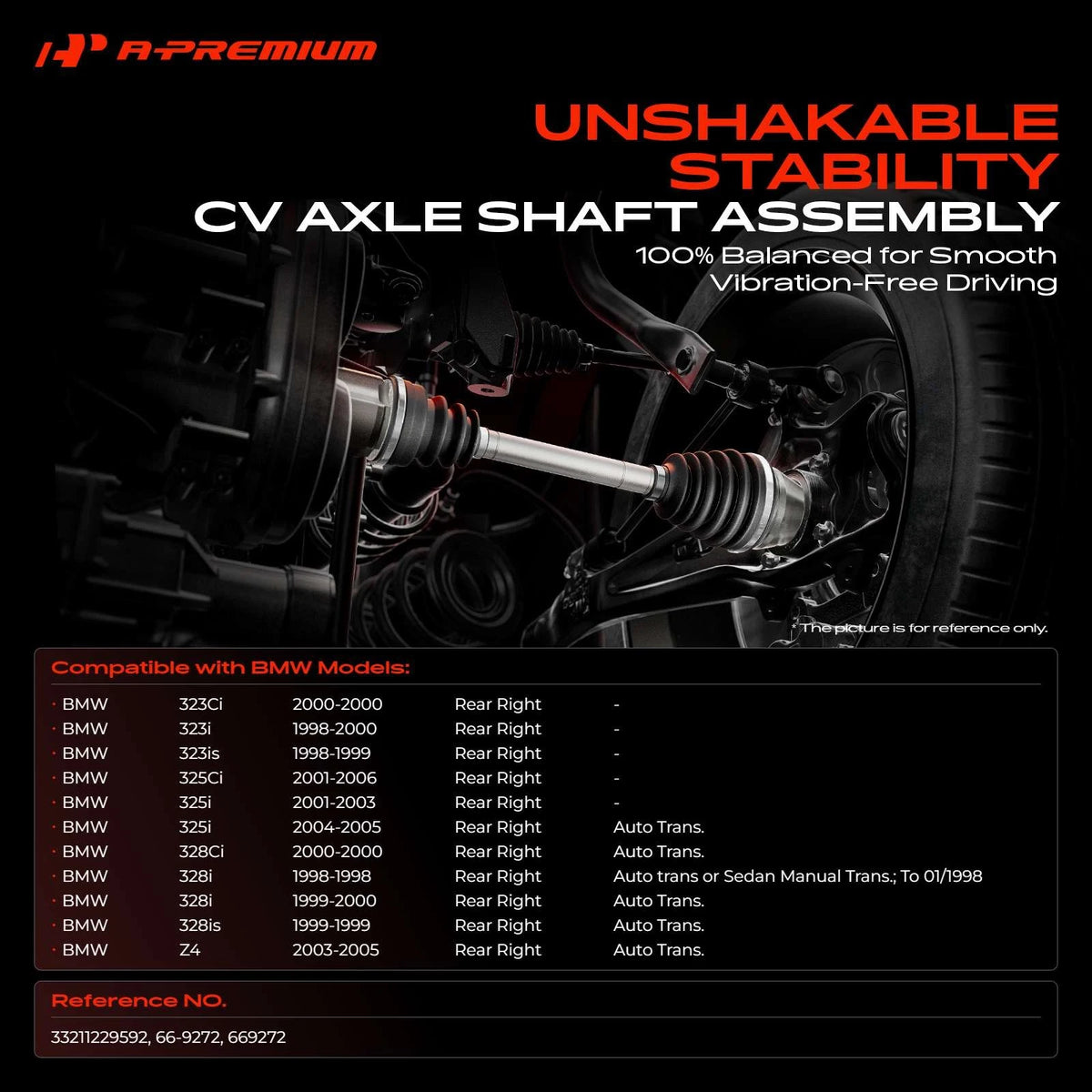 A-Premium Rear Right CV Axle Assembly for BMW 323Ci 325Ci 328i (2000–2006) 66-9272, 33211229592