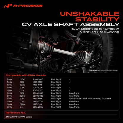 A-Premium Rear Right CV Axle Assembly for BMW 323Ci 325Ci 328i (2000–2006) 66-9272, 33211229592