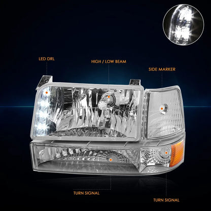 LED DRL Headlight for Ford F150/F250/F350 (1992–1996) Chrome Housing Amber Corner