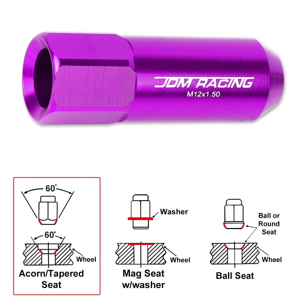 20Pc M12X1.5 Purple JDM Open End Aluminum Hex Lug Nuts + Spline Lock Key