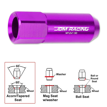 20Pc M12X1.5 Purple JDM Open End Aluminum Hex Lug Nuts + Spline Lock Key