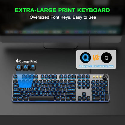 Large Print Backlit Keyboard with 7-Color Lighting, Wired USB