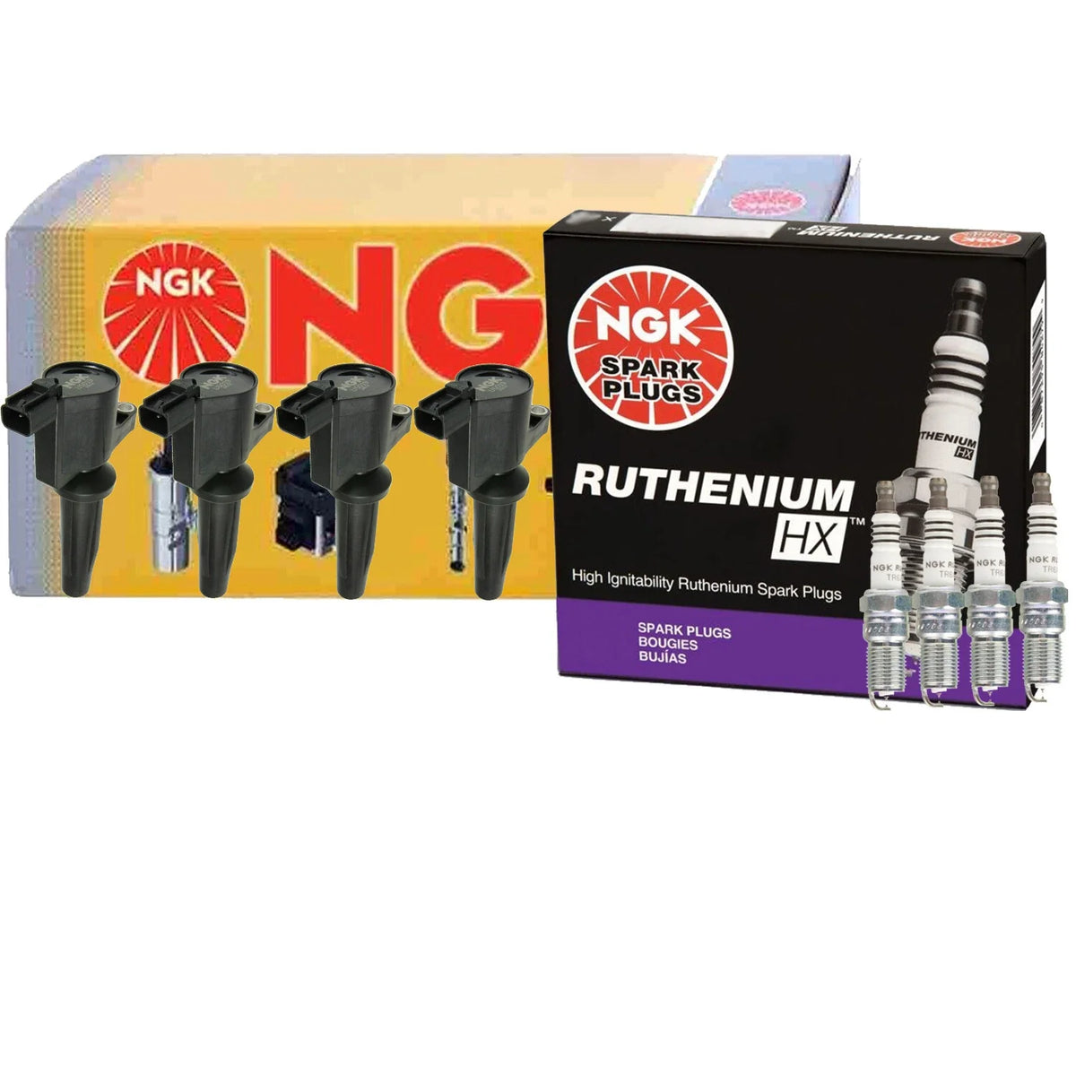 Set of 4 NGK COP Ignition Coils & Ruthenium HX Spark Plugs for Ford Mazda (2000–2023)