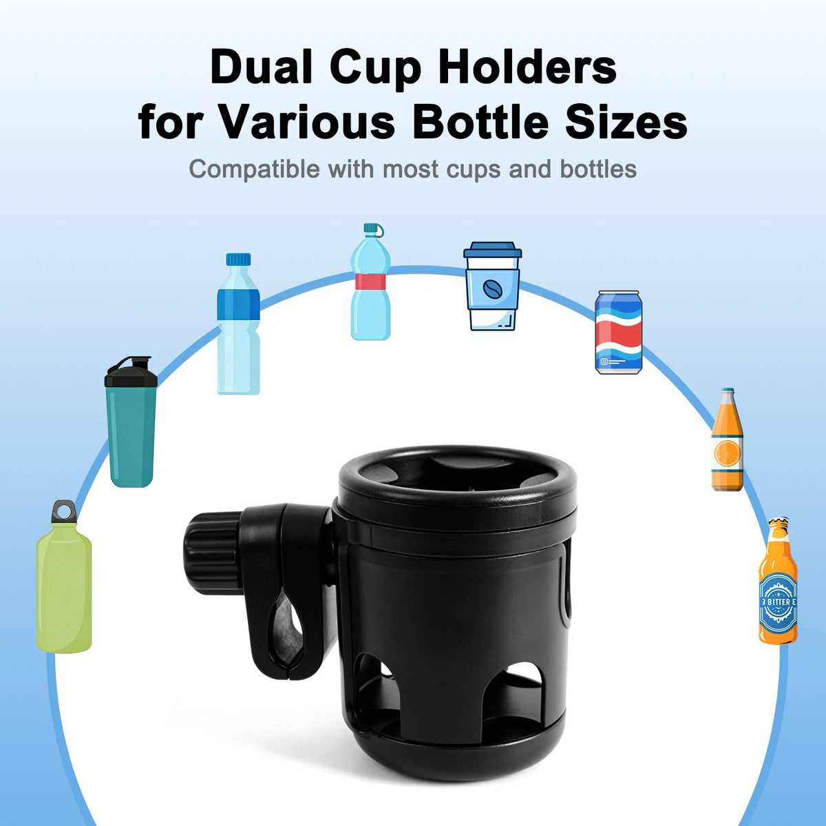Dual Cup Holder Clamp for Bike Stroller Wheelchair Treadmill