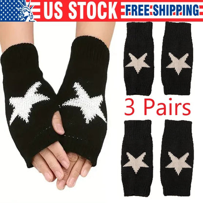 3 Pairs Fingerless Knitted Star Gloves for Autumn Winter