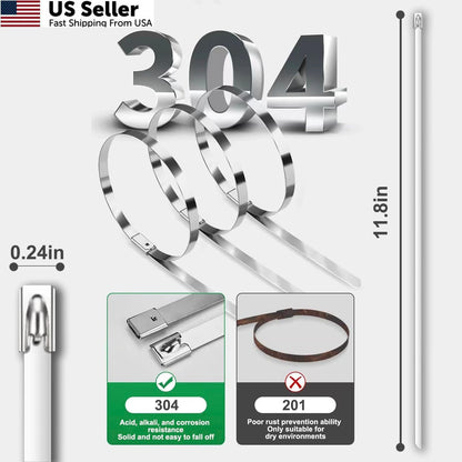 100-Pack Metal Zip Ties 11.8 Inch Heavy Duty 304 Stainless Steel