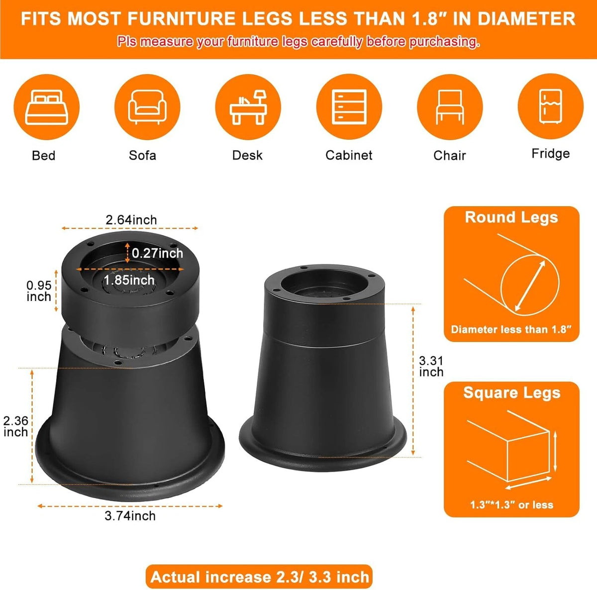 Set of 4 Bed Risers for Table and Furniture (2 Inch & 3 Inch)