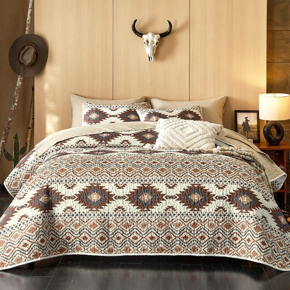 Set of 4 Southwestern Aztec Quilts for King Size Bed (Beige Brown)