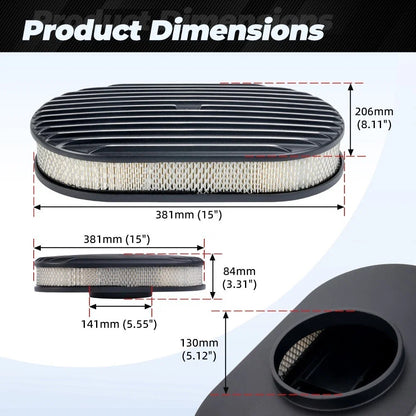 15" Oval Full Finned Air Cleaner for SBC BBC Chevy Ford (5-1/8 Carb Neck)
