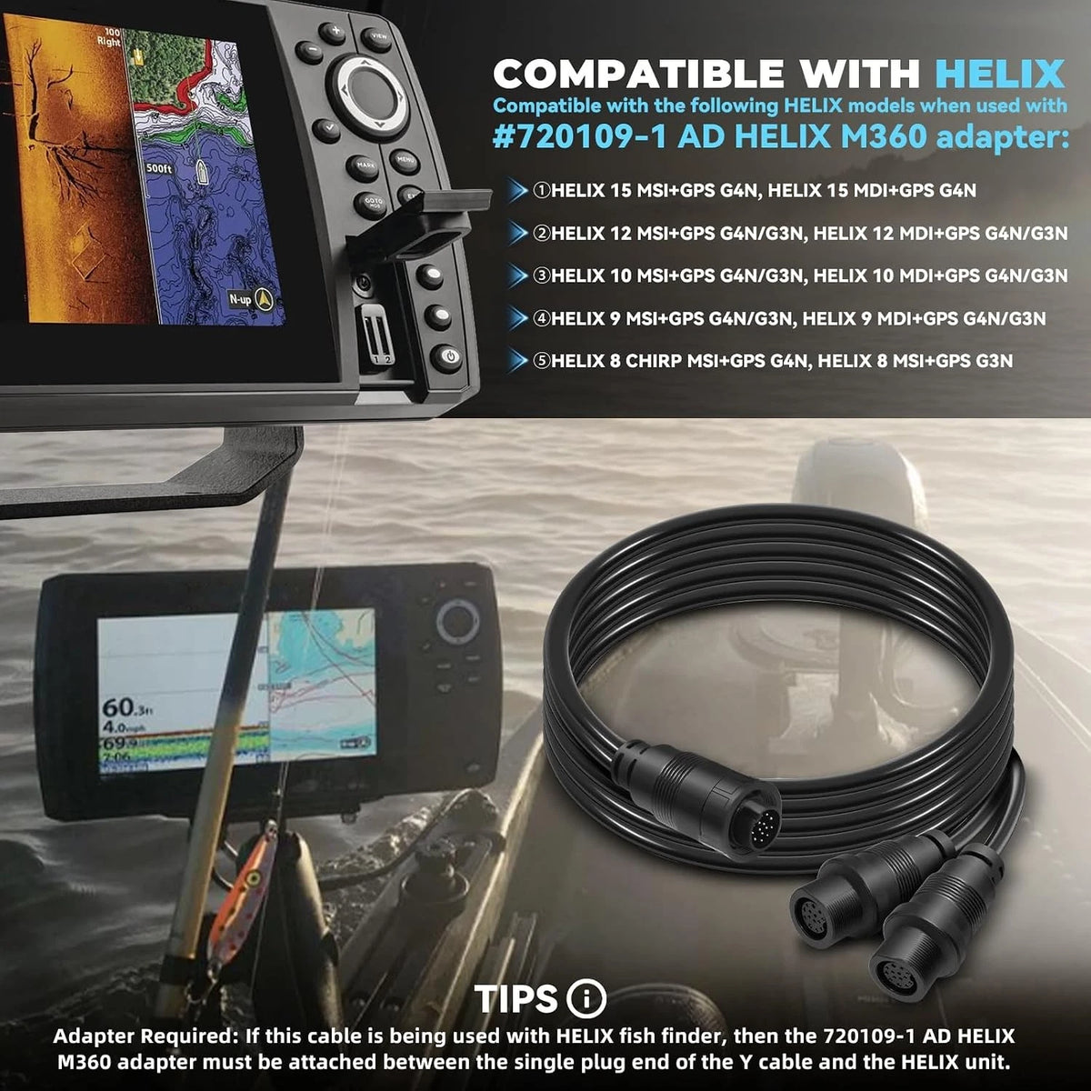14-Pin Y-Cable for Humminbird 720108-1 MEGA 360 & 2D/MDI