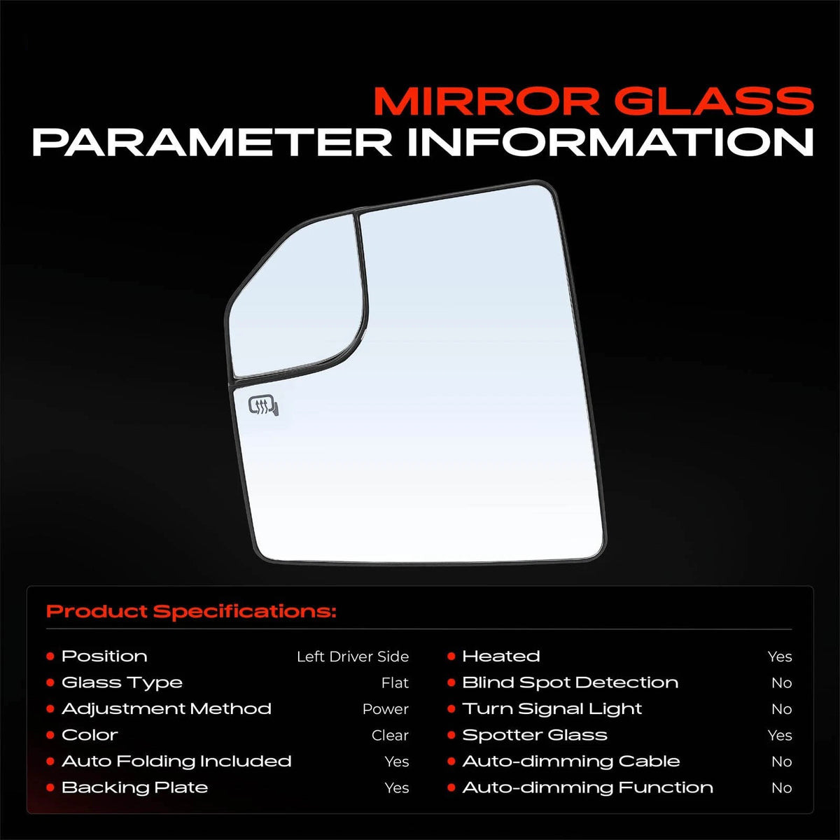 Heated Driver Power Mirror Glass for Ford F-150 (2015–2018) FL3Z17K707AF, FO1324140