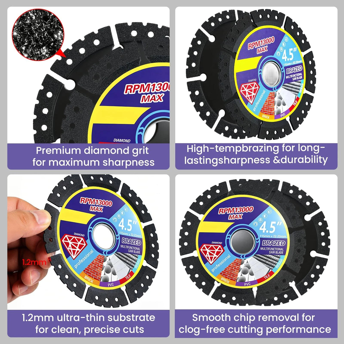 3 Pack 4.5" Diamond Multi-Purpose Saw Blade for Various Applications