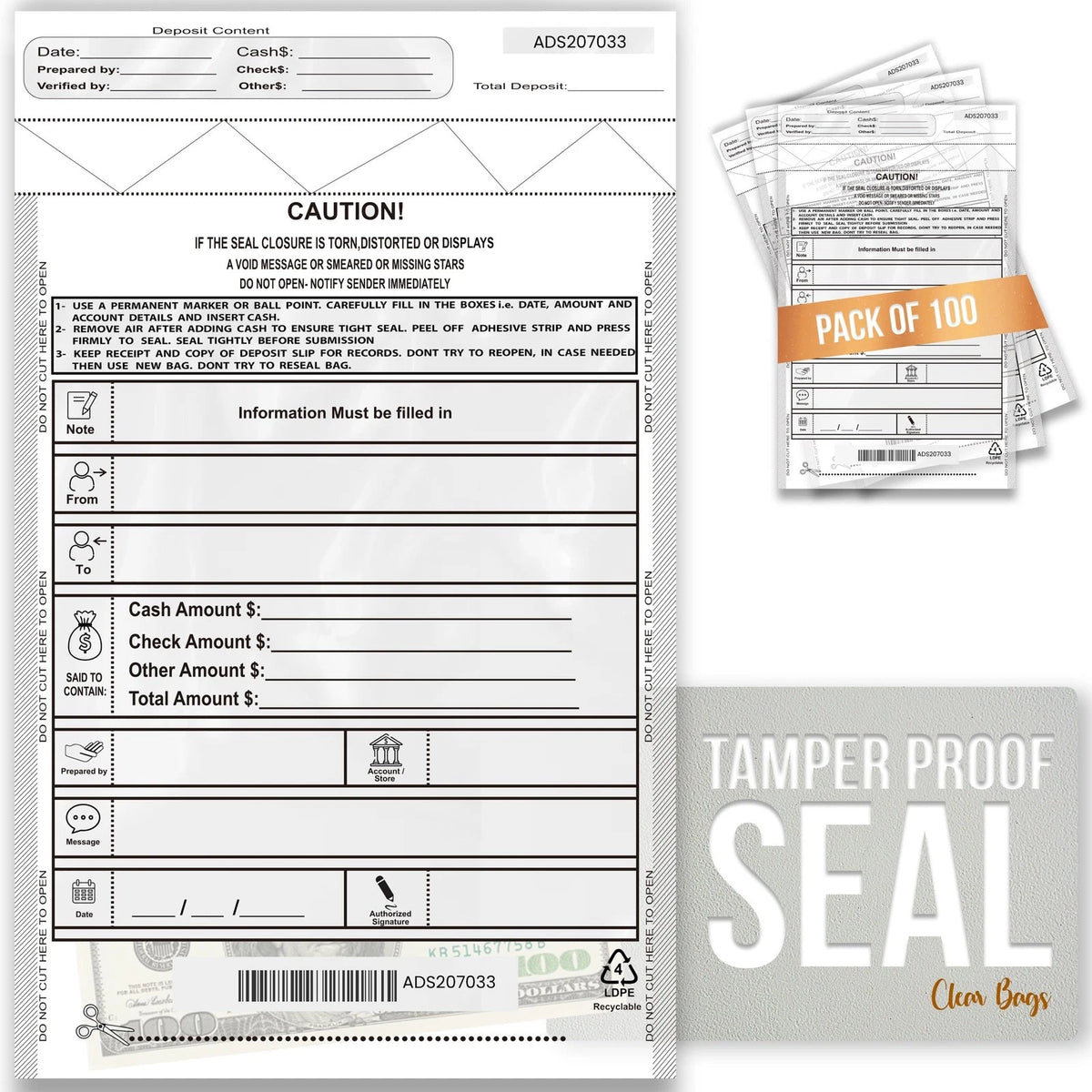 100 Pack Tamper Evident Bank Deposit Bags 9x12 for Secure Cash Cheque