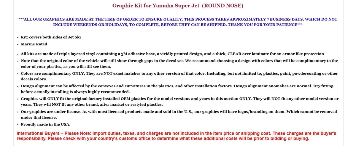 Graphic Decals Stickers for Yamaha Superjet Jet Ski (Square Nose RS NL)