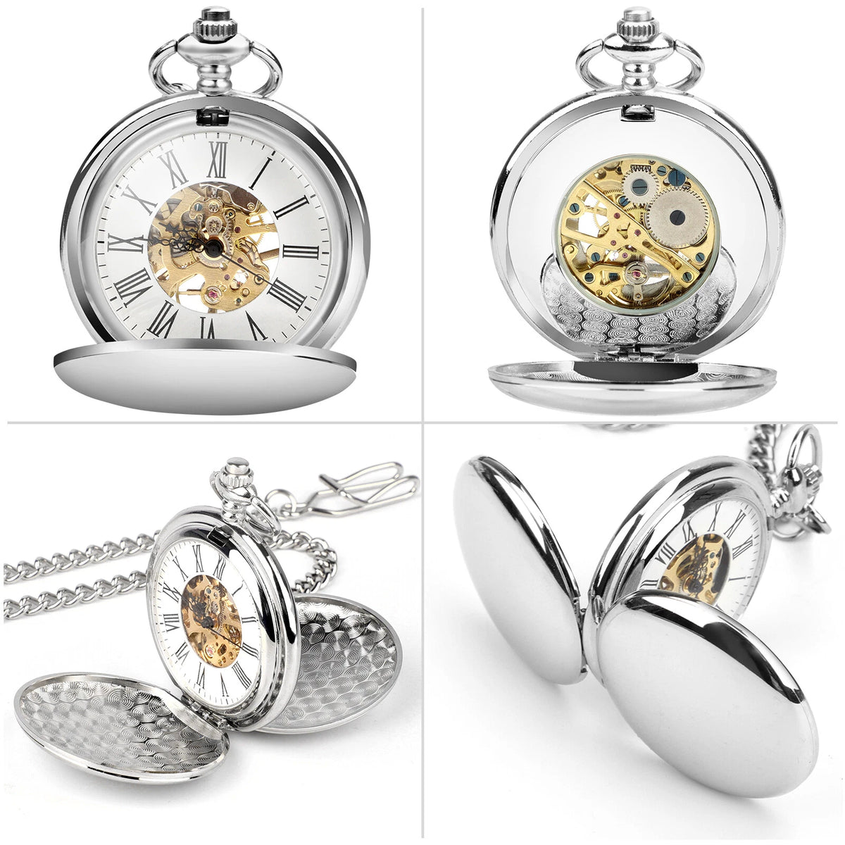Skeleton Pocket Watch with Chain for Men - Roman Numerals Dial