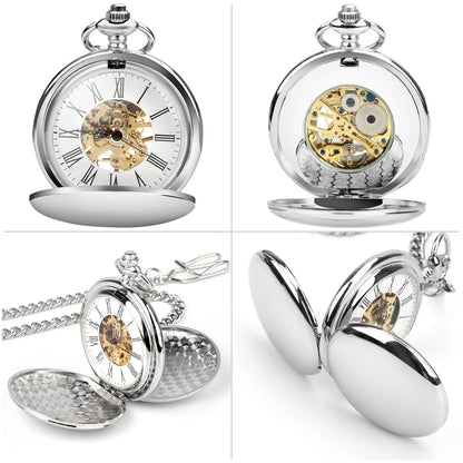 Skeleton Pocket Watch with Chain for Men - Roman Numerals Dial