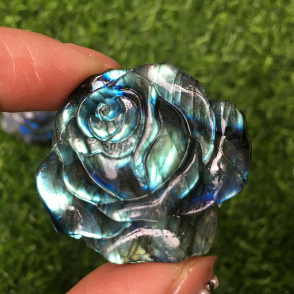 Natural Blue Labradorite Hand Carved Rose Flower Crystal Quartz Healing Gift