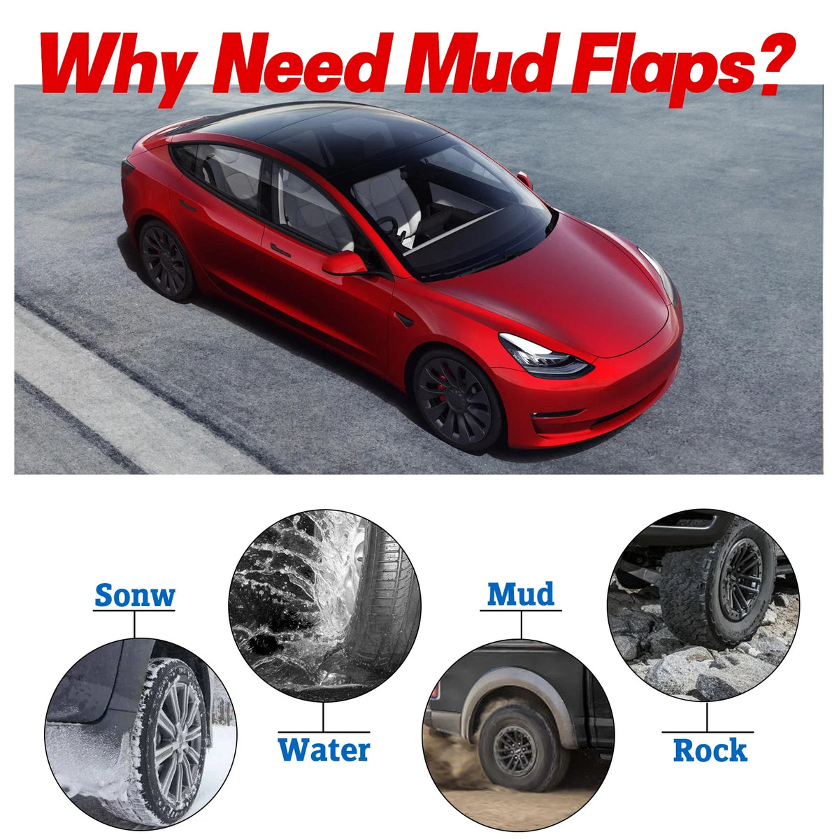 Mud Flaps Splash Guards Front Rear L&R Set for Tesla Model 3 (2016–2024)