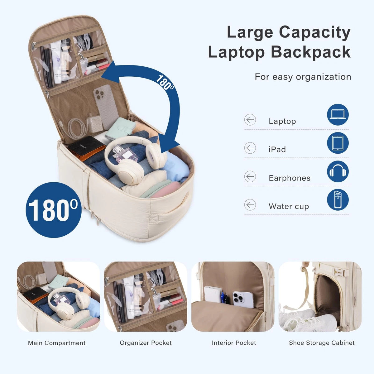 30L Travel Backpack for Women (16.93 x 11.81 x 9.45 inches) - Sand