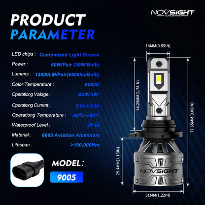 Set of 4 NOVSIGHT 9005 H11 LED Headlight Bulbs 6500K for High Low Beam