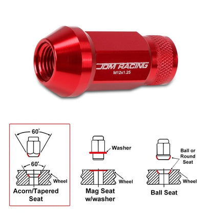 Set of 20 M12X1.25 Red Open End Cone Seat Hex Wheel Lug Nuts + Extensions 25mm