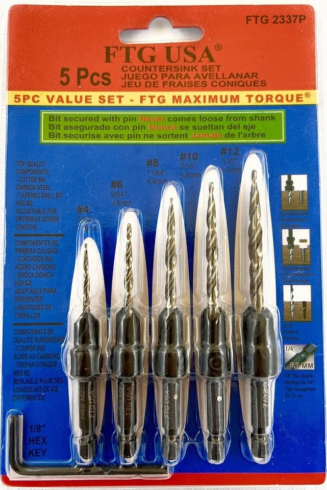 5 Pc Countersink Drill Bit Set #4 #6 #8 #10 #12 for Woodworking