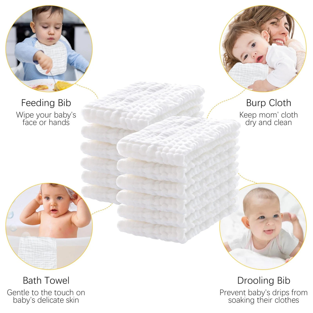 12 Pack Muslin Burp Cloths 10x20 Inch for Baby (White)