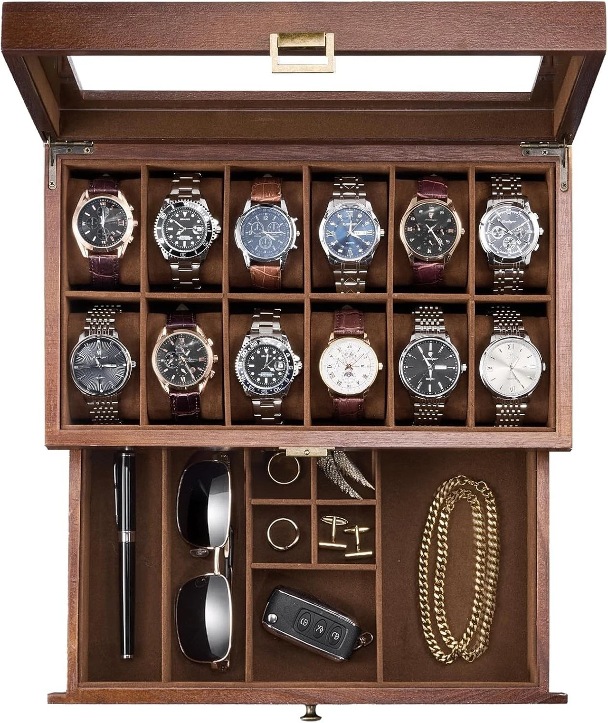 12 Slot Wooden Watch Box for Men - Watch Display Case with Drawer
