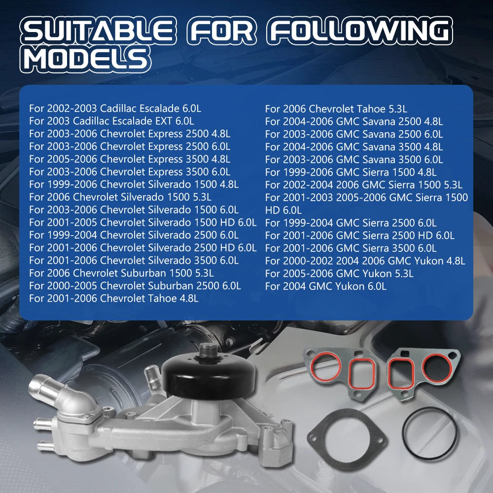 Water Pump with Thermostat for Chevy Silverado Tahoe GMC 4.8L 5.3L 6.0L (2007–2014) - 130-7340, AW5104
