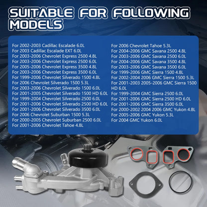 Water Pump with Thermostat for Chevy Silverado Tahoe GMC 4.8L 5.3L 6.0L (2007–2014) - 130-7340, AW5104