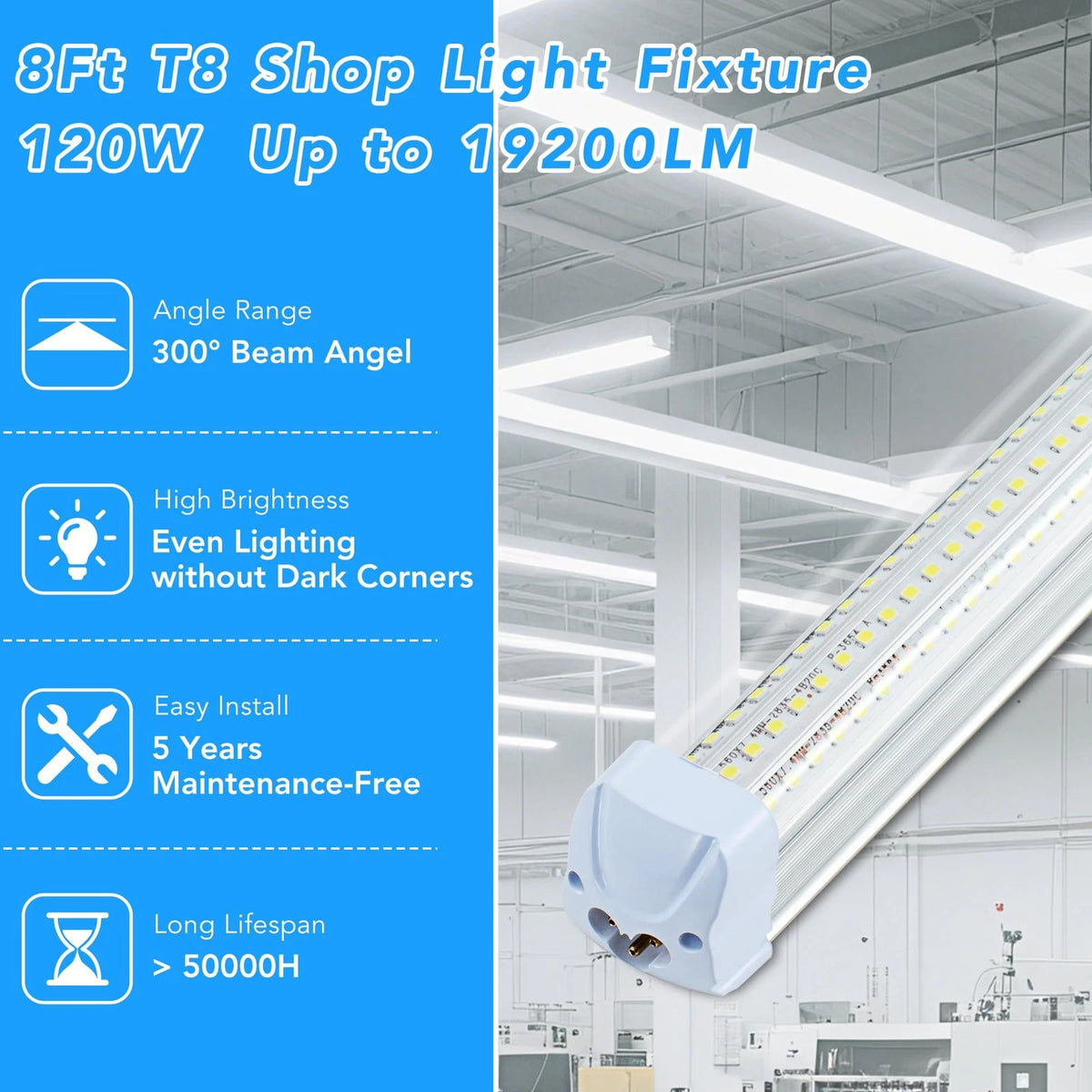 10 Pack T8 LED Shop Lights 8FT 120W 19200LM for Garage