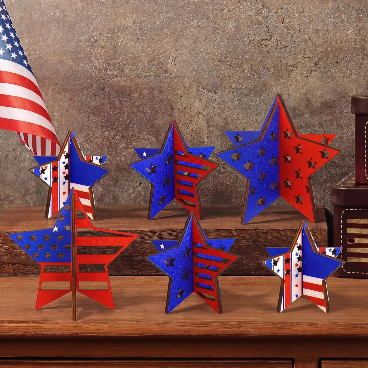 6 Pcs Wooden Star Signs for 4th of July Decoration (2023)