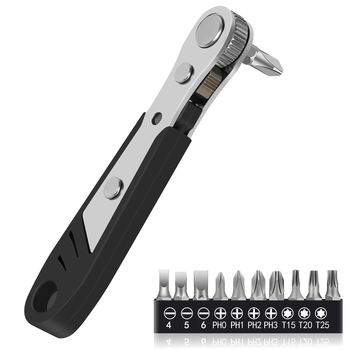 10-In-1 Angled Ratchet Screwdriver Set - 90 Degree Right Angle, Black