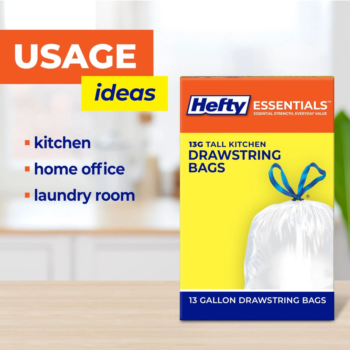 13 Gallon Drawstring Kitchen Trash Bags for Hefty Essentials (Pack of 120)