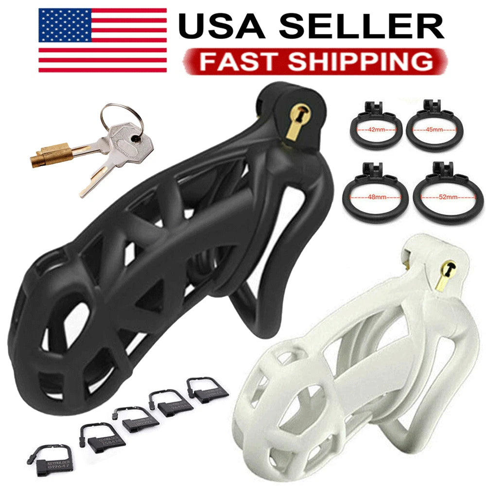 Chastity Cage Lock Device for Male (2023) - 4 Rings, 5 Sizes