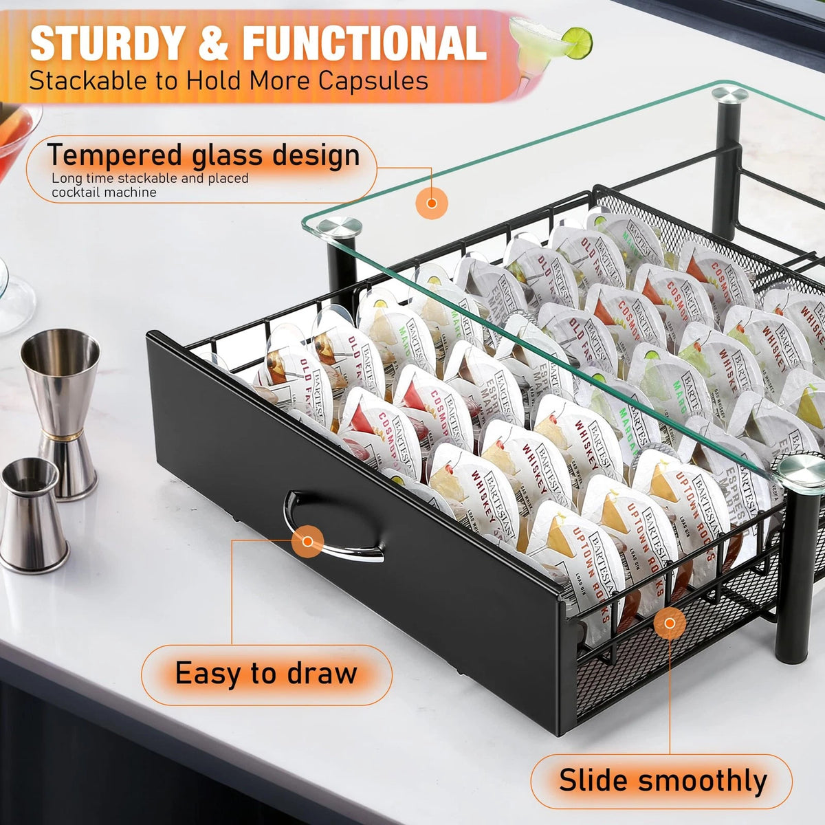 Cocktail Beverage Storage Drawer for 36 Pods Capacity (Tempered Glass)