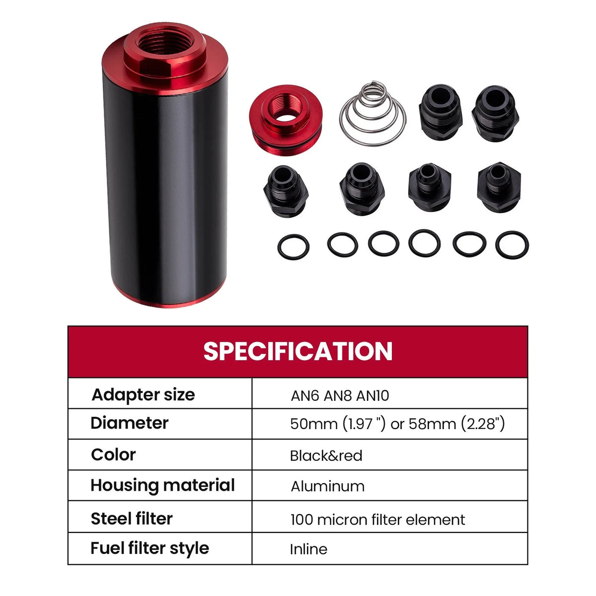 50mm 100 Micron In-Line Fuel Filter Kit for Universal (AN 6–10, 6–8–10)