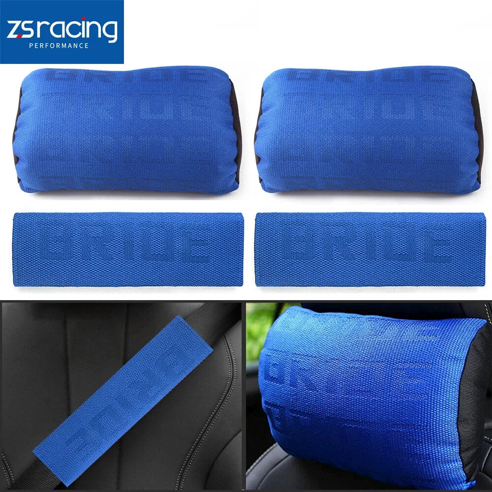 2X JDM Neck Headrest Pillow + Seat Belt Cover Set for Universal Fit (2010–2023)