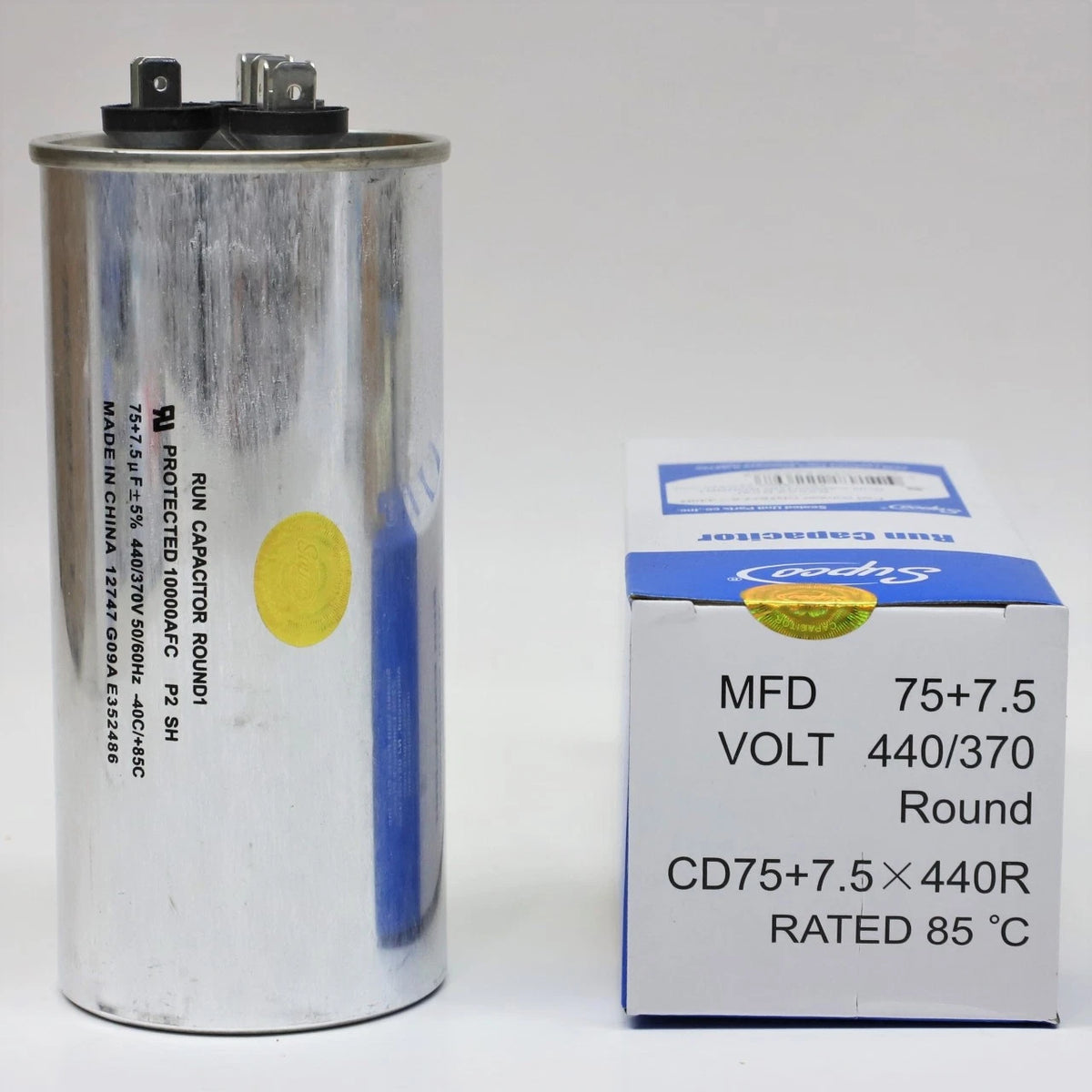 Dual Run Capacitor for HVAC Motor (75 + 7.5 MFD, 440 Volts)