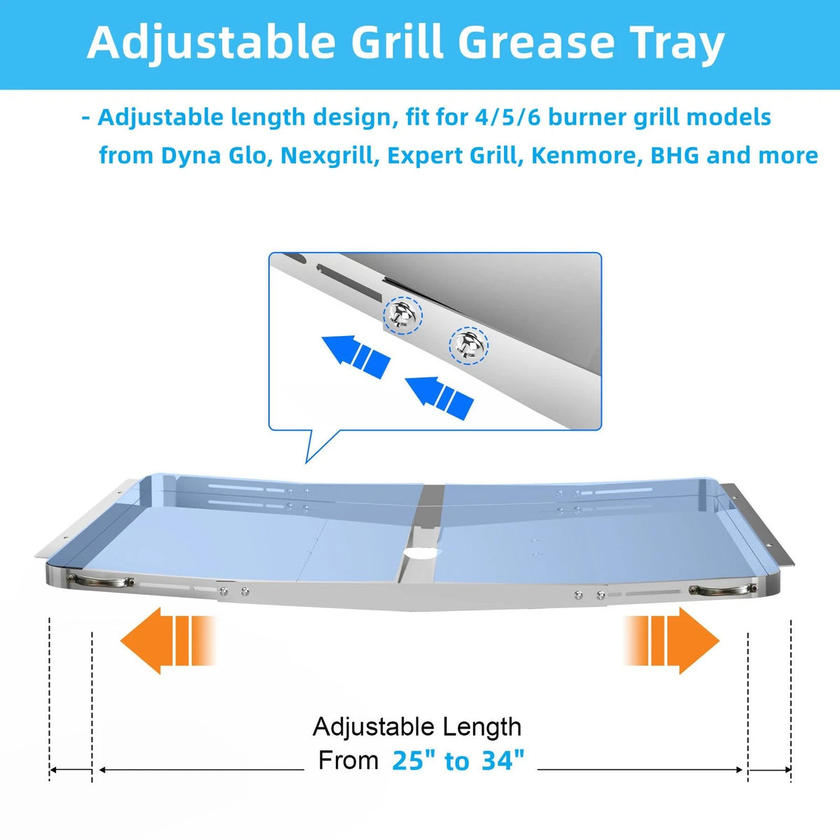 Grill Grease Tray Replacement for Universal Models (Adjustable Silver)