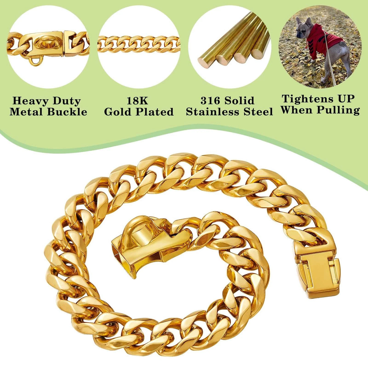 Stainless Steel Dog Collars with Safety Buckle Lock (18K Cuban Link)