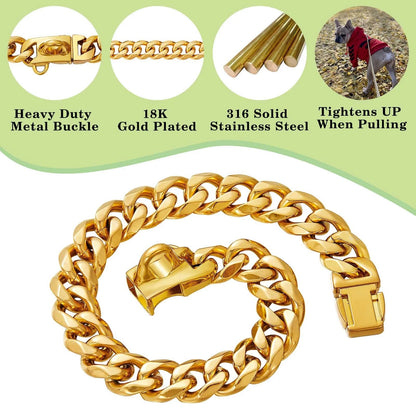 Stainless Steel Dog Collars with Safety Buckle Lock (18K Cuban Link)