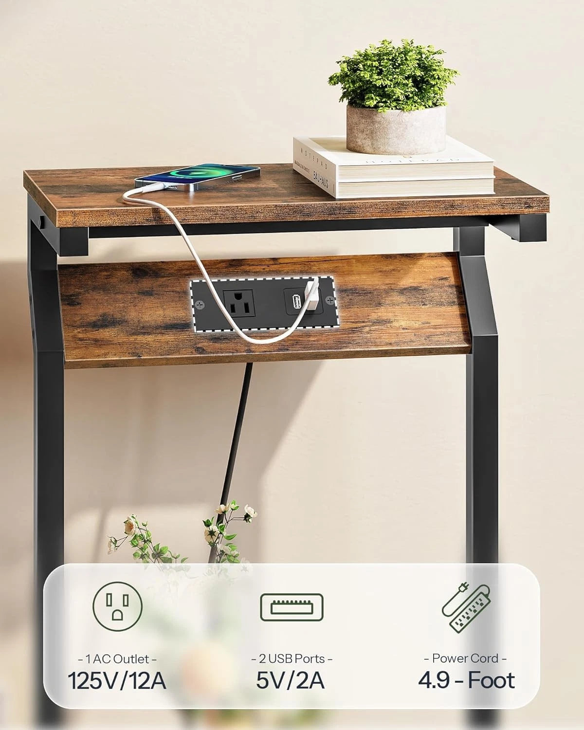 Narrow Side Table for CHOEZON (15.7"L x 8.6"W x 26.6"H, Rustic Brown)